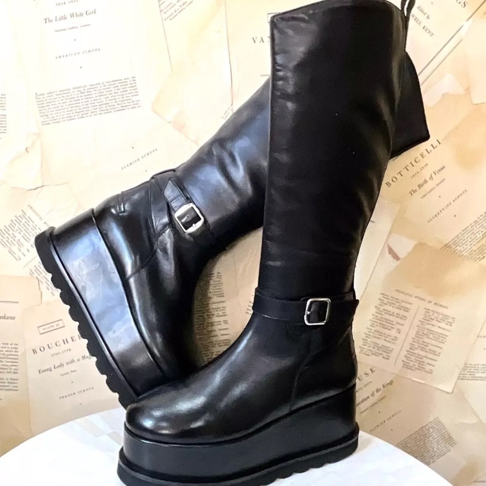 Free People Not For Riding Platform Tall Boot Black Leather Mega Wedge